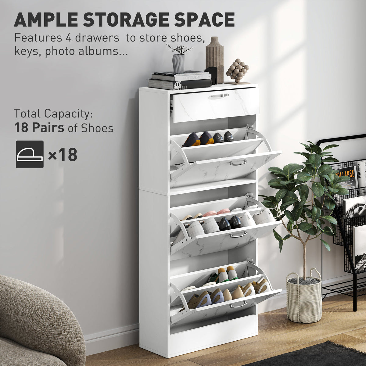 Marble Effect Shoe Cabinet White 3 Flip Drawers 18 Pair Shoes Storage Organiser