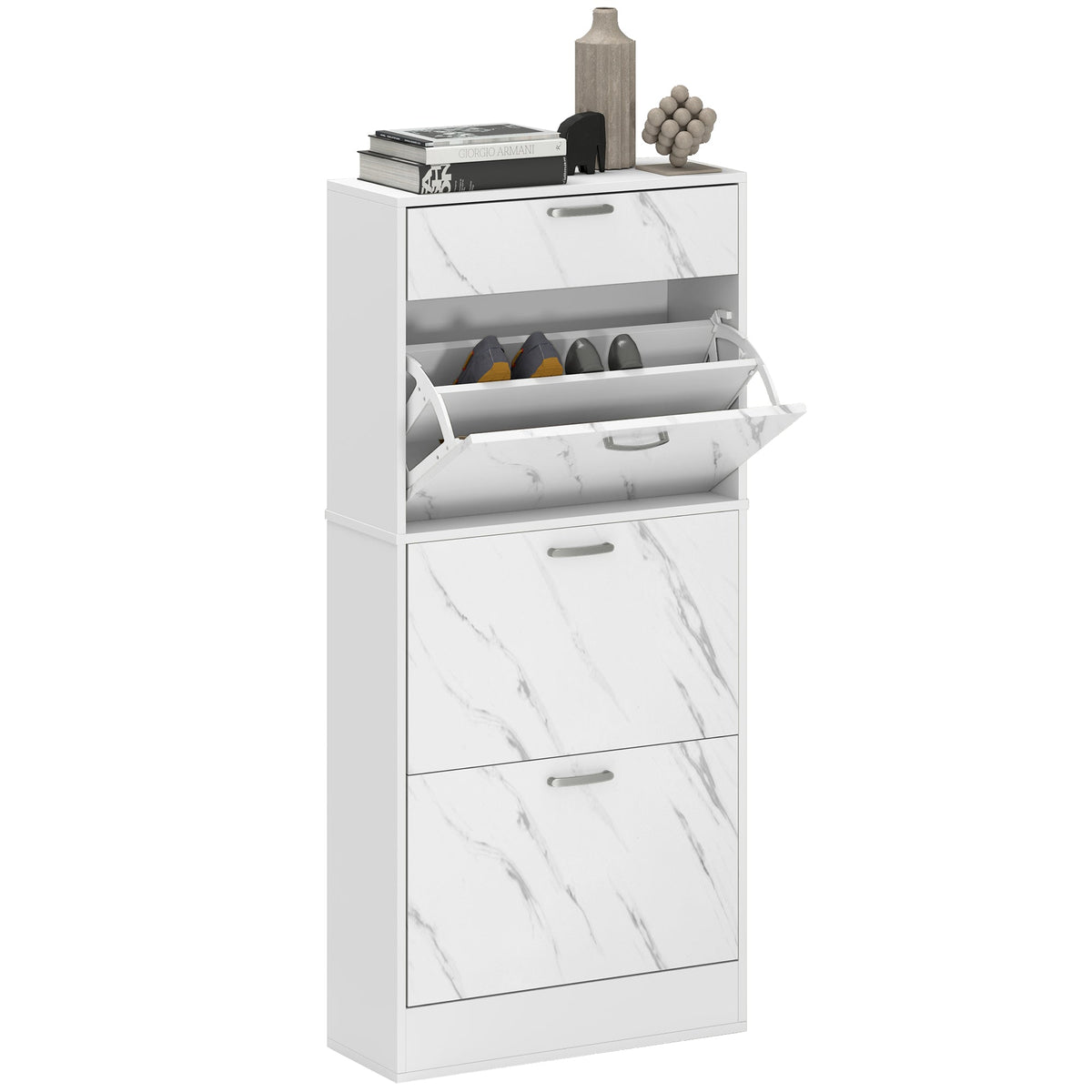 Marble Effect Shoe Cabinet White 3 Flip Drawers 18 Pair Shoes Storage Organiser