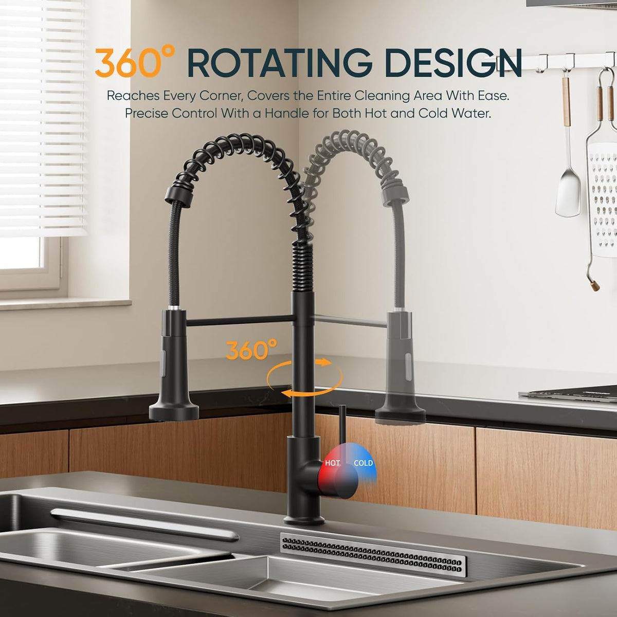 Matt Black Kitchen Sink Mixer Tap With Pull Out Spray Hose Single Lever Faucet