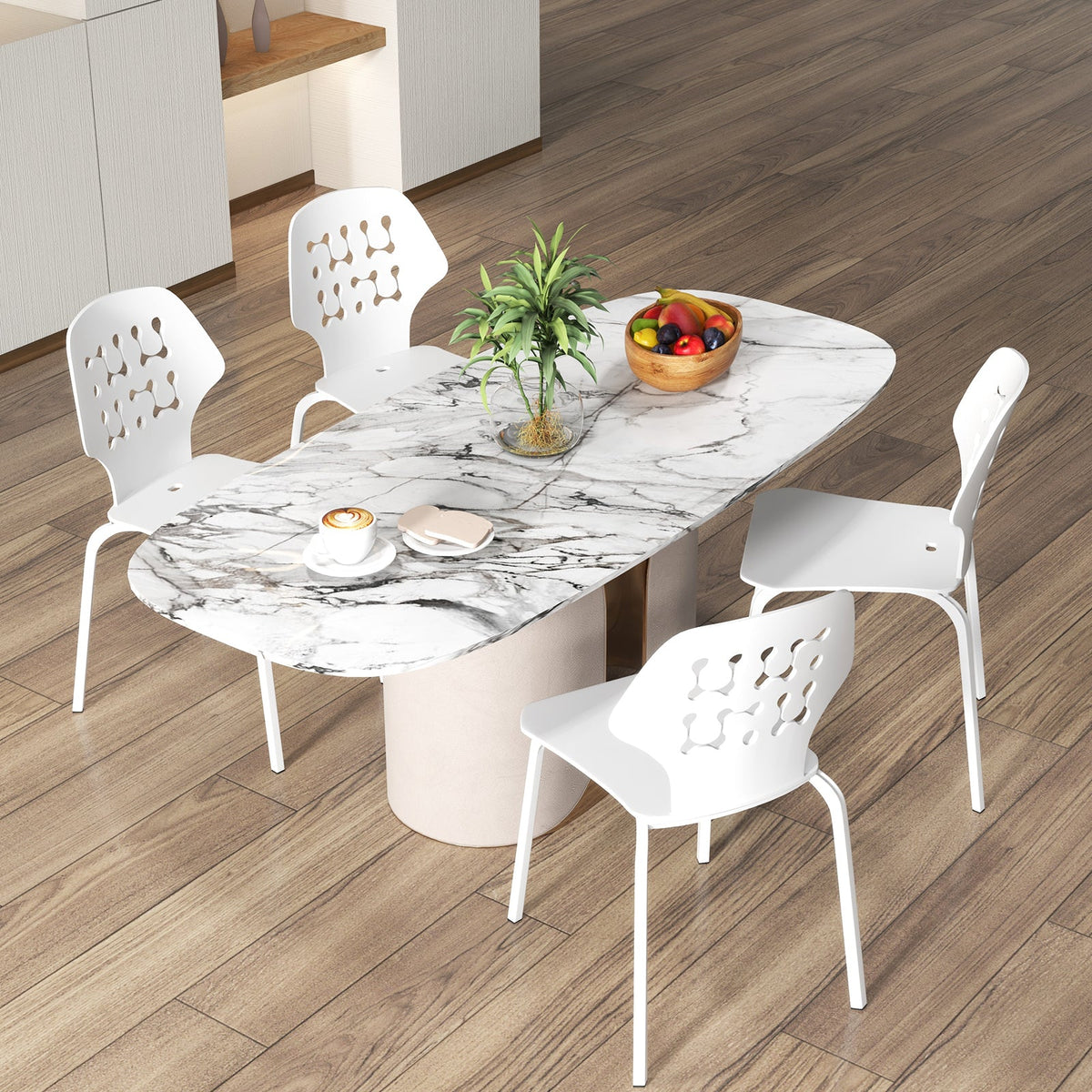 Metal Dining Chair Set of 4 with Hollowed Backrest and Metal Legs-Blue