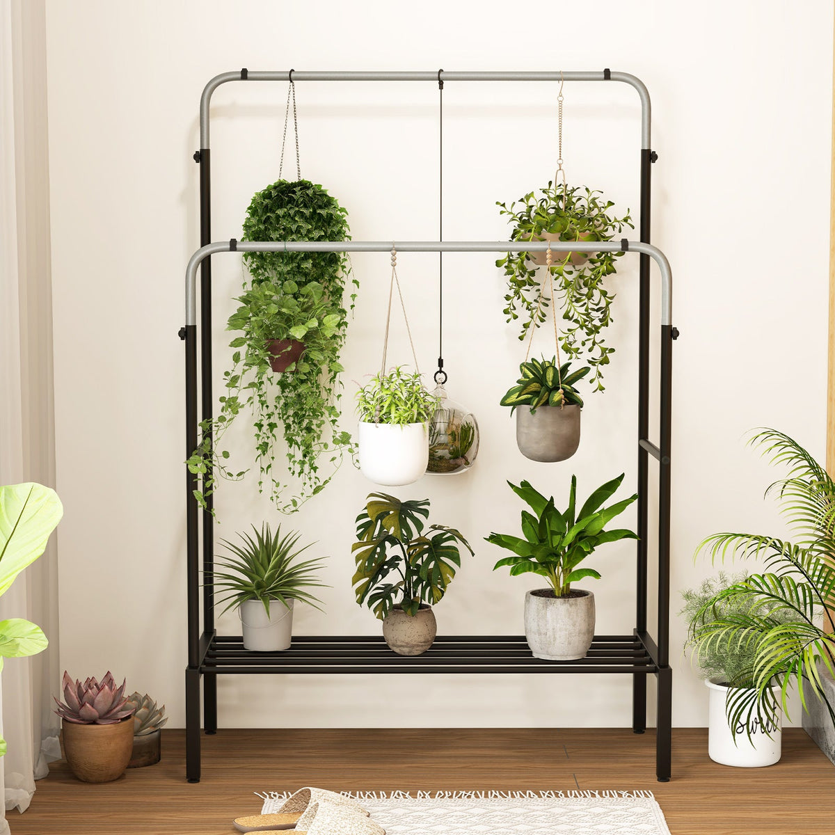 Metal Clothes Stand Rack with 2 Rods and Shoe Shelf-Silver