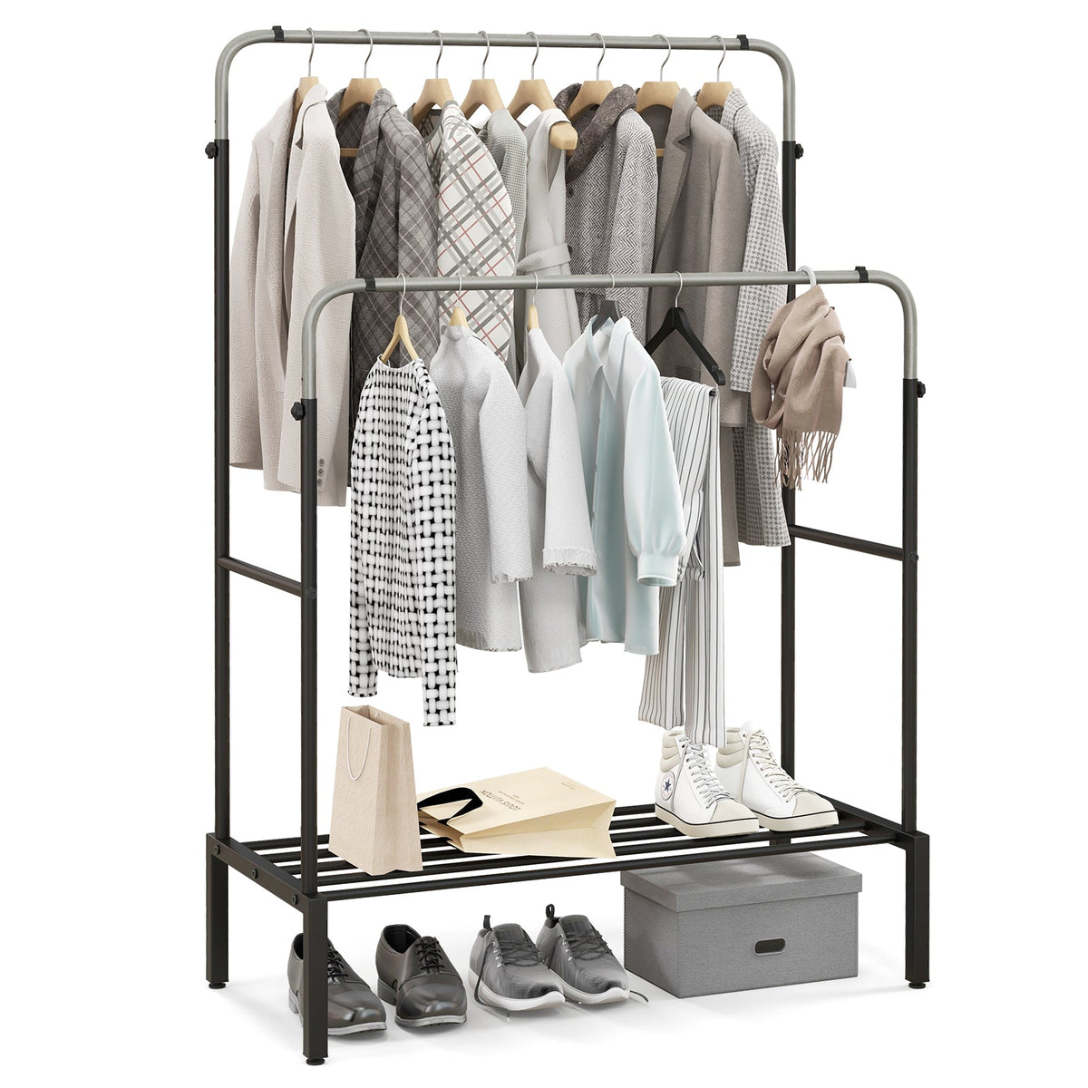 Metal Clothes Stand Rack with 2 Rods and Shoe Shelf-Silver