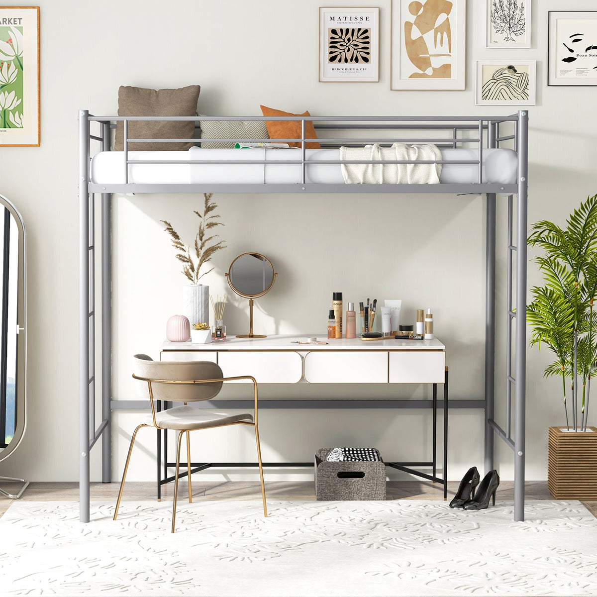 Metal Space-saving Loft Bed Frame with Full-length Safety Guardrail-Black