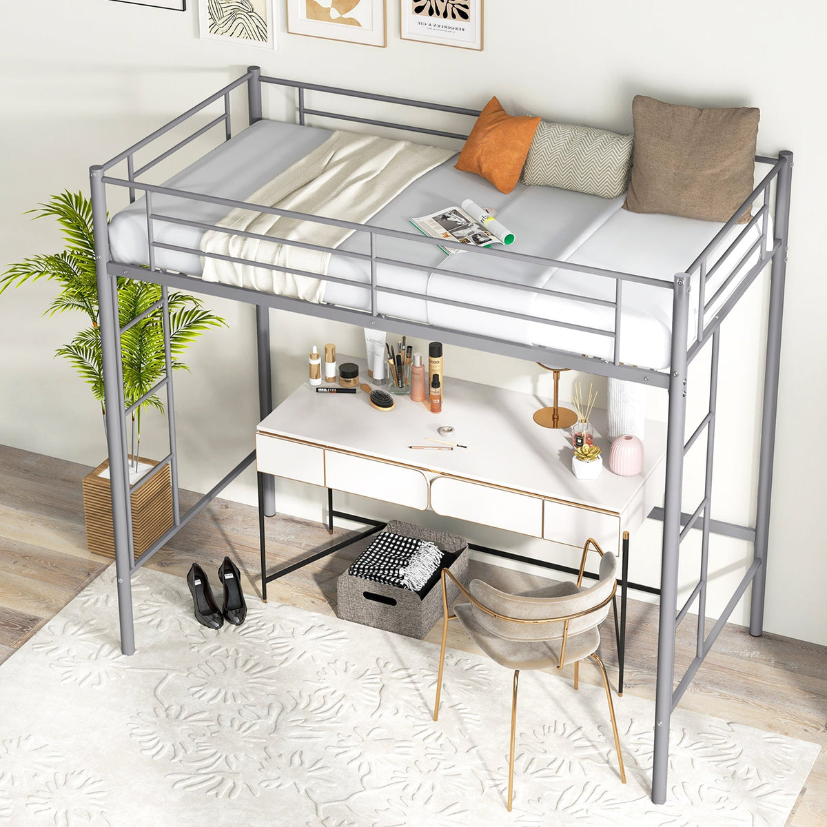 Metal Space-saving Loft Bed Frame with Full-length Safety Guardrail-Black