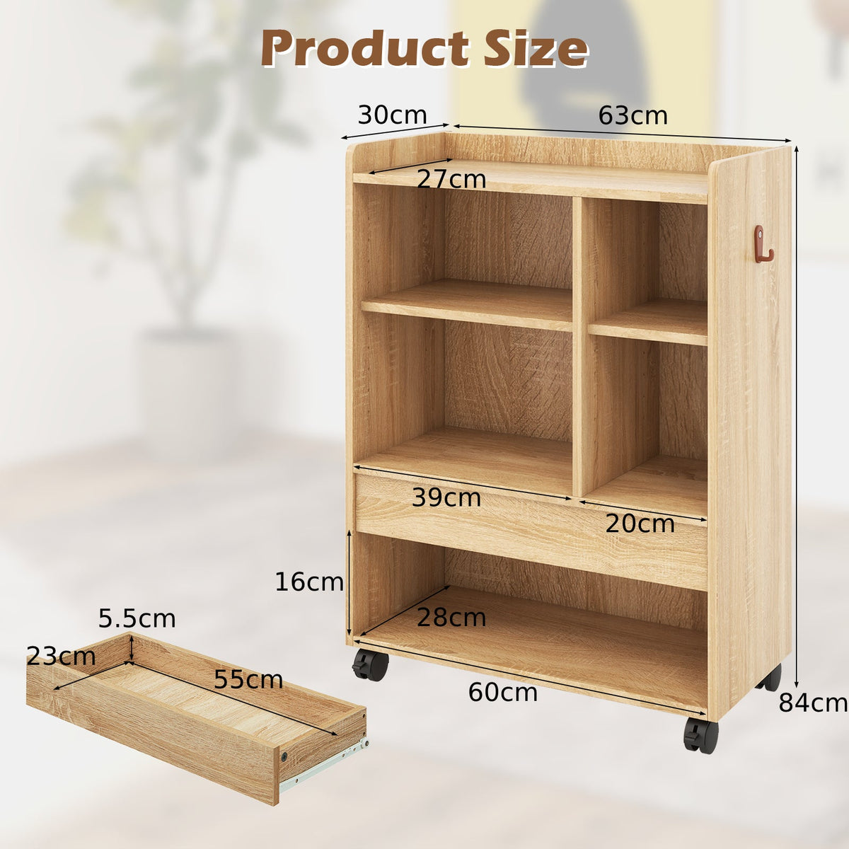 Mobile Storage Cabinet with Drawer and Adjustable Shelves-Natural