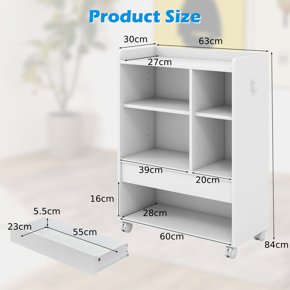 Mobile Storage Cabinet with Drawer and Adjustable Shelves-Natural