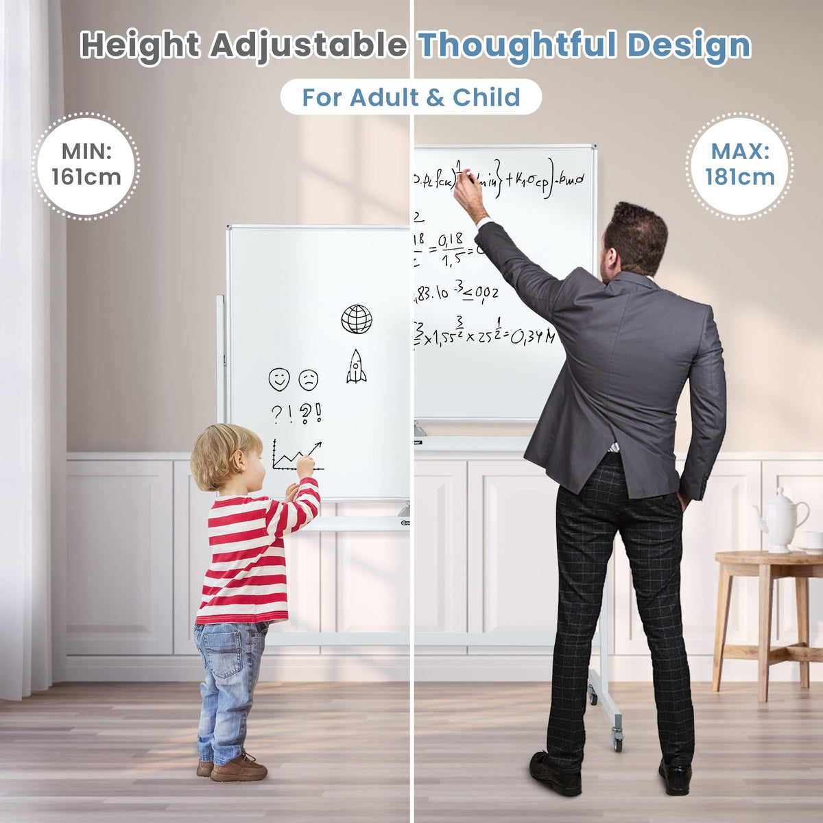 Mobile Whiteboard Reversible with Grid Pattern Board and Board Eraser-Black