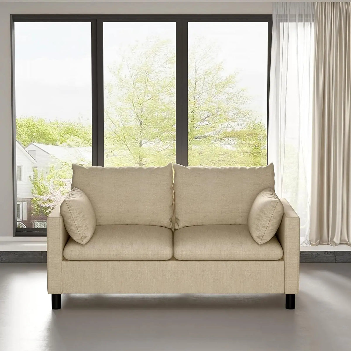 2 Seater Linen Fabric Sofa with Armrests and Wooden Legs Modern Compact Couch