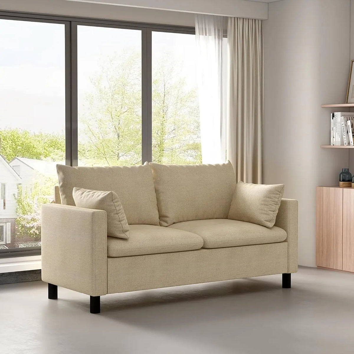 2 Seater Linen Fabric Sofa with Armrests and Wooden Legs Modern Compact Couch