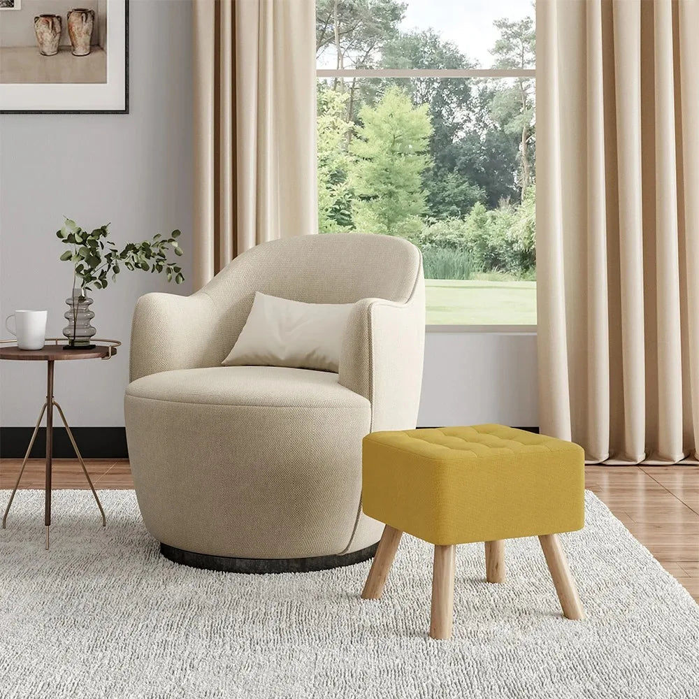 Modern Linen Fabric Padded Footstool, Multifunctional Wooden Leg Stool Ottoman