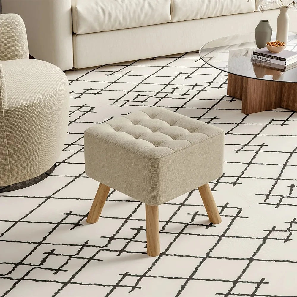 Modern Linen Fabric Padded Footstool, Multifunctional Wooden Leg Stool Ottoman