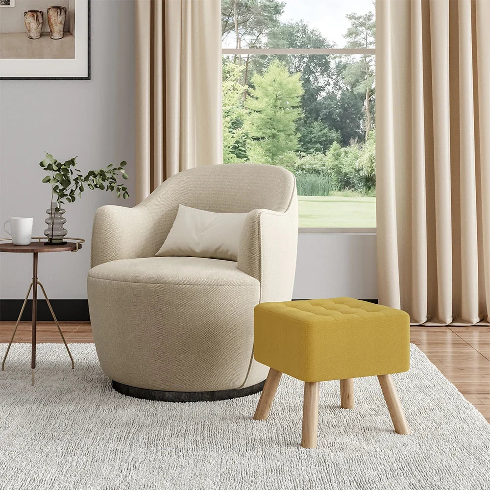 Modern Linen Fabric Padded Footstool, Multifunctional Wooden Leg Stool Ottoman