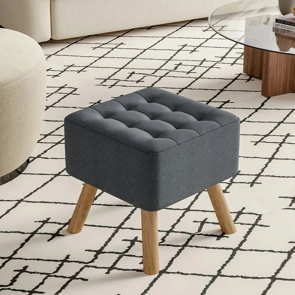 Modern Linen Fabric Padded Footstool, Multifunctional Wooden Leg Stool Ottoman