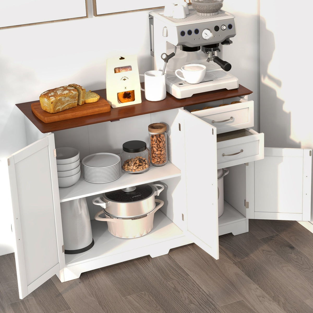Modern Kitchen Sideboard Storage Cabinet with Adjustable Shelf and Drawers-Black
