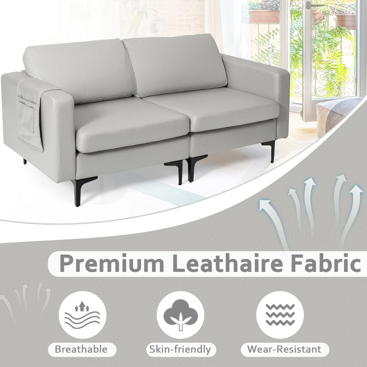 Modern 2-Seat Modern Sofa Couch with Detachable Remote Control Holder-Light Grey
