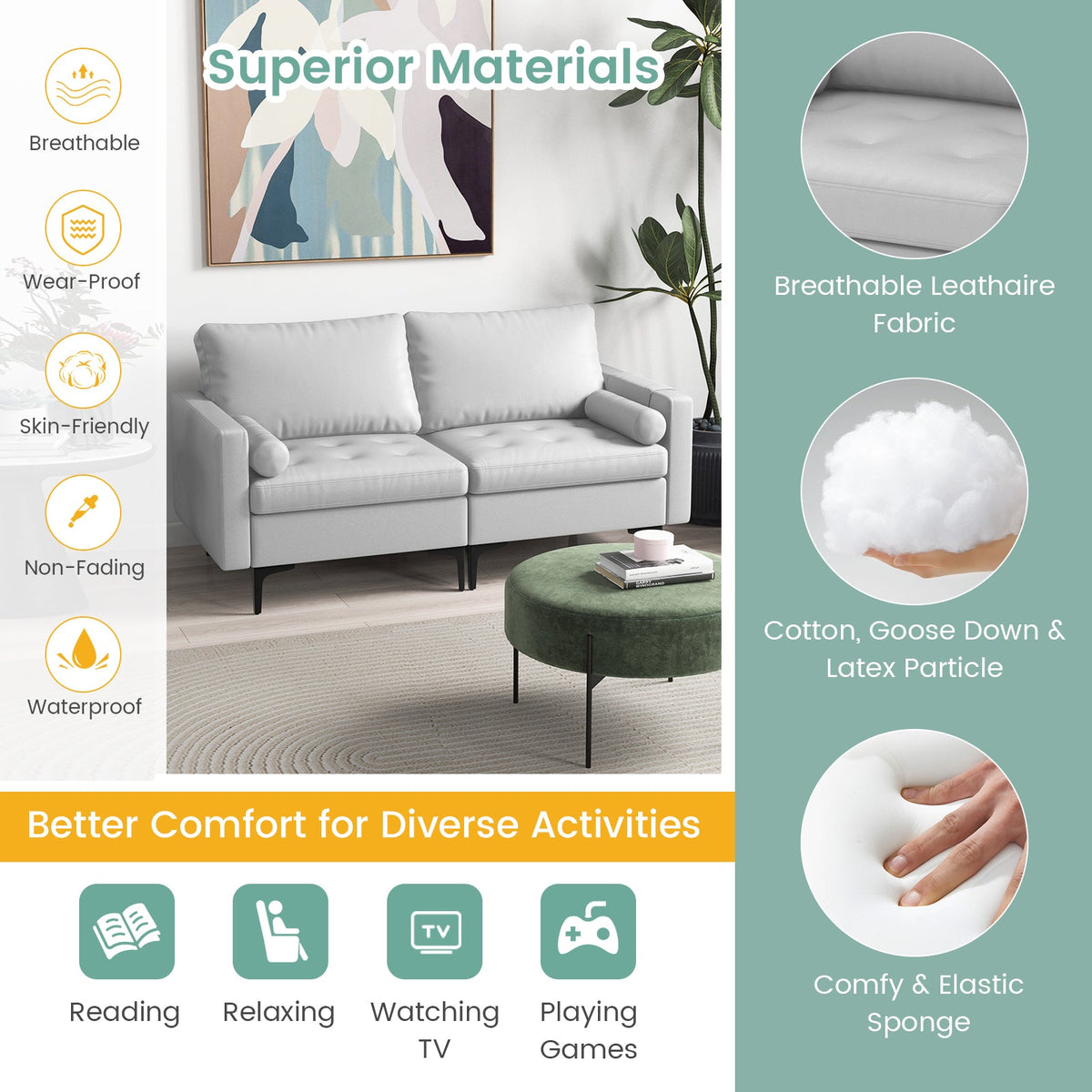 Modular Sectional Sofa Couch with 4 USB Ports, 2 Removable Bolsters-Light Grey