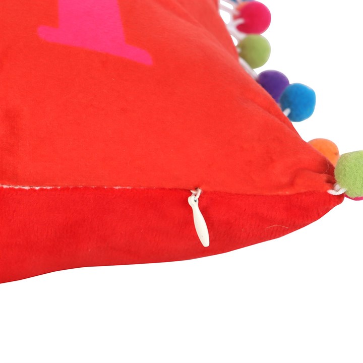 Red Holly Jolly Cushion with Pom Poms