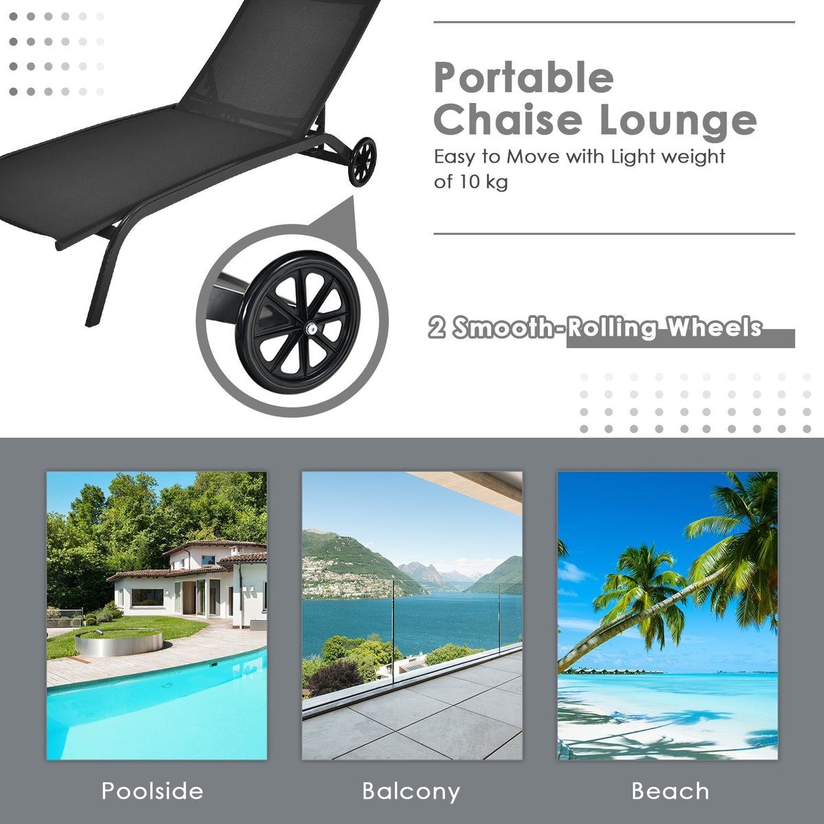 Adjustable Chaise Lounge with Smooth Wheels and Quick-drying Fabric-Black