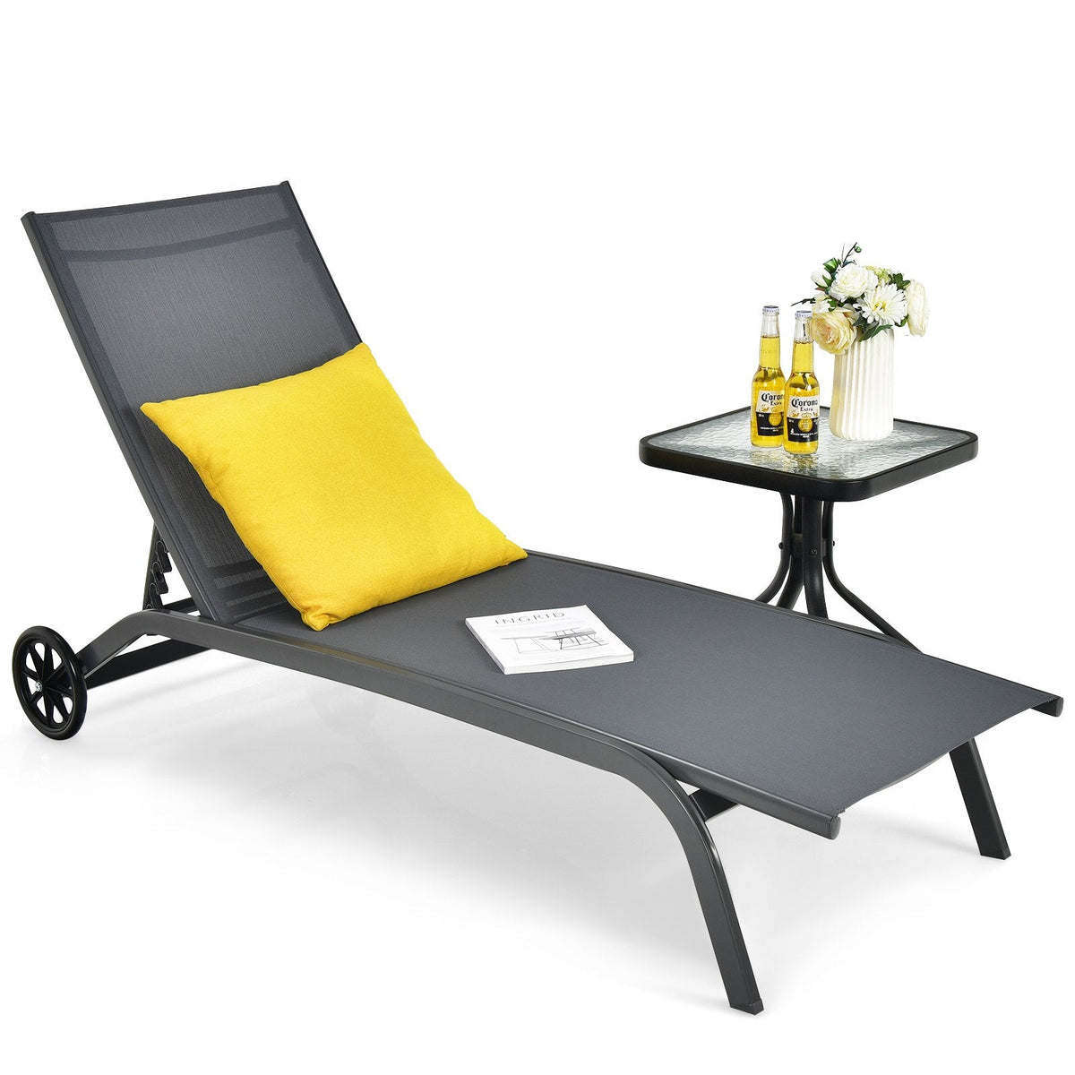 Adjustable Chaise Lounge with Smooth Wheels and Quick-drying Fabric-Black