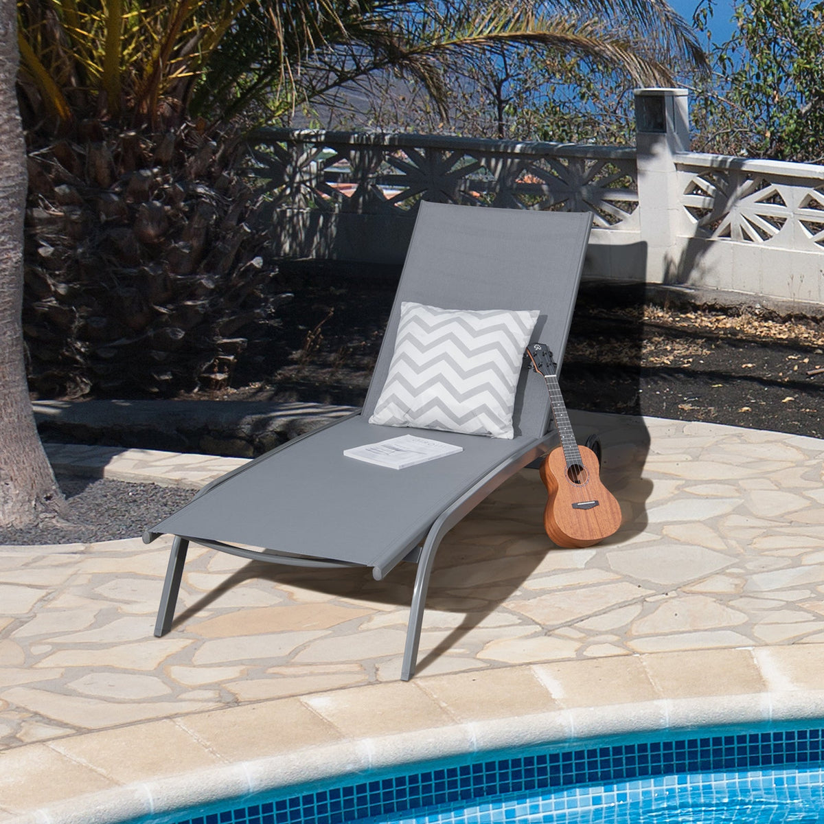 Adjustable Chaise Lounge with Smooth Wheels and Quick-drying Fabric-Black