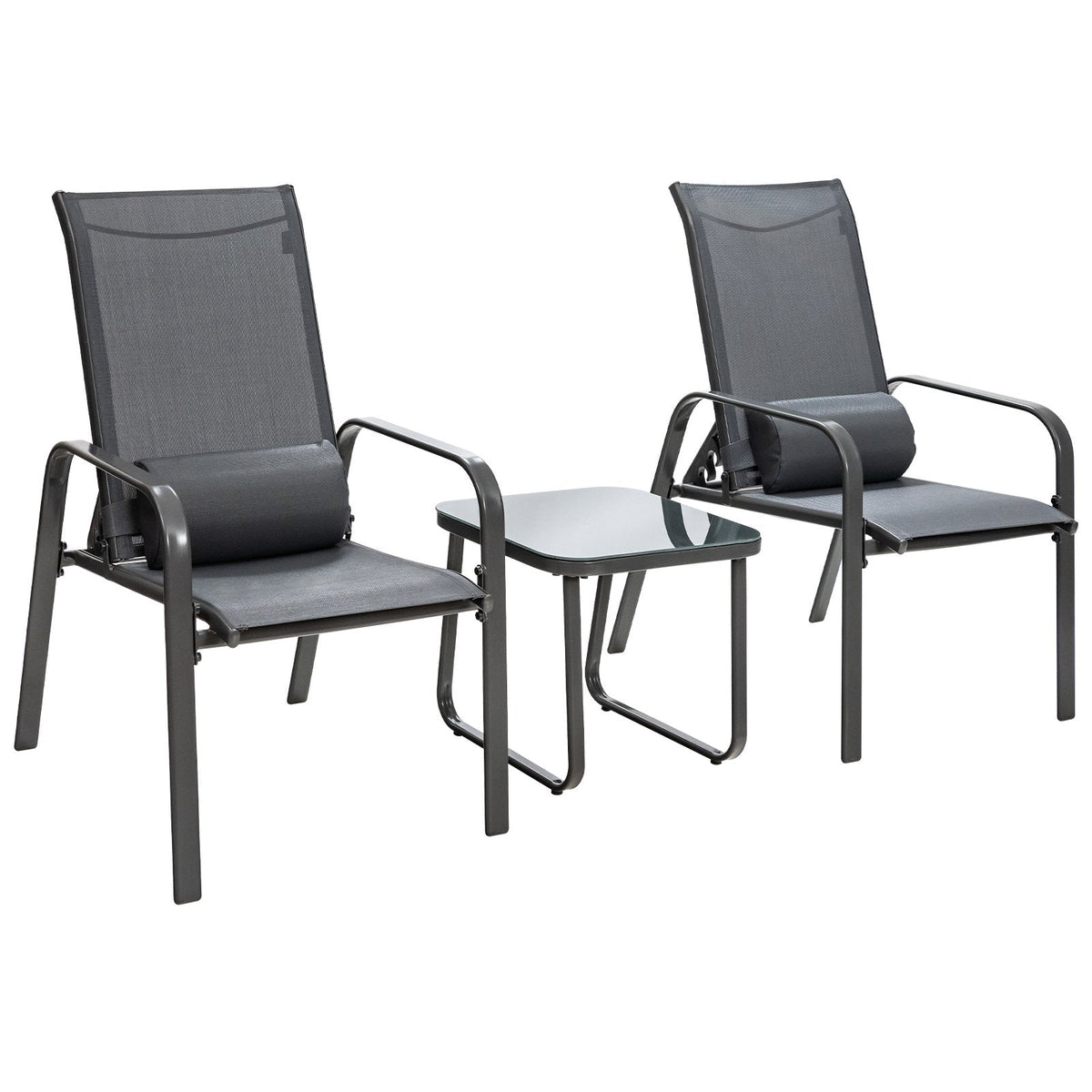 3 Pieces Patio Bistro Set with Coffee Table and 2 Stackable Chairs-Black