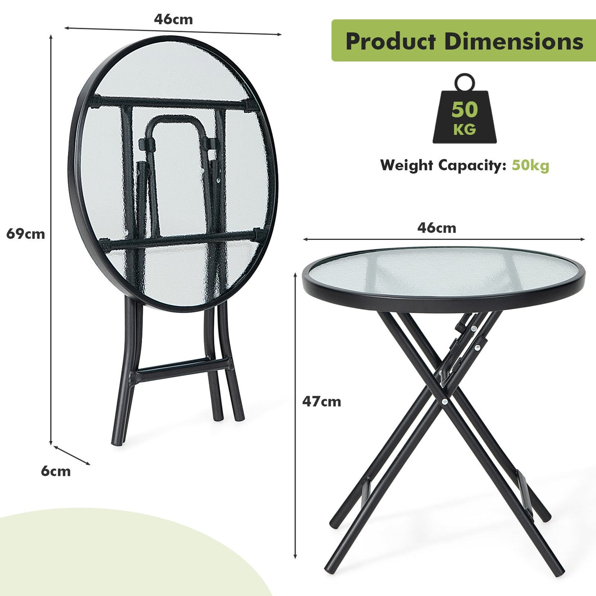 Folding Garden Side Table with Tempered Glass for Balcony Backyard
