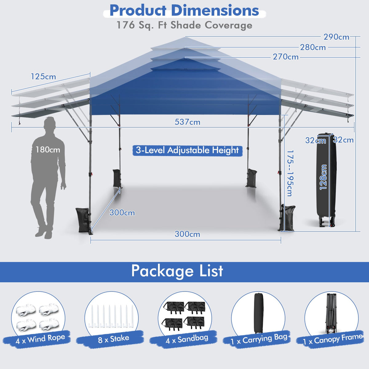 3 x 3m Rolling Pop up Gazebo with Adjustable Dual Awnings and Height-Black