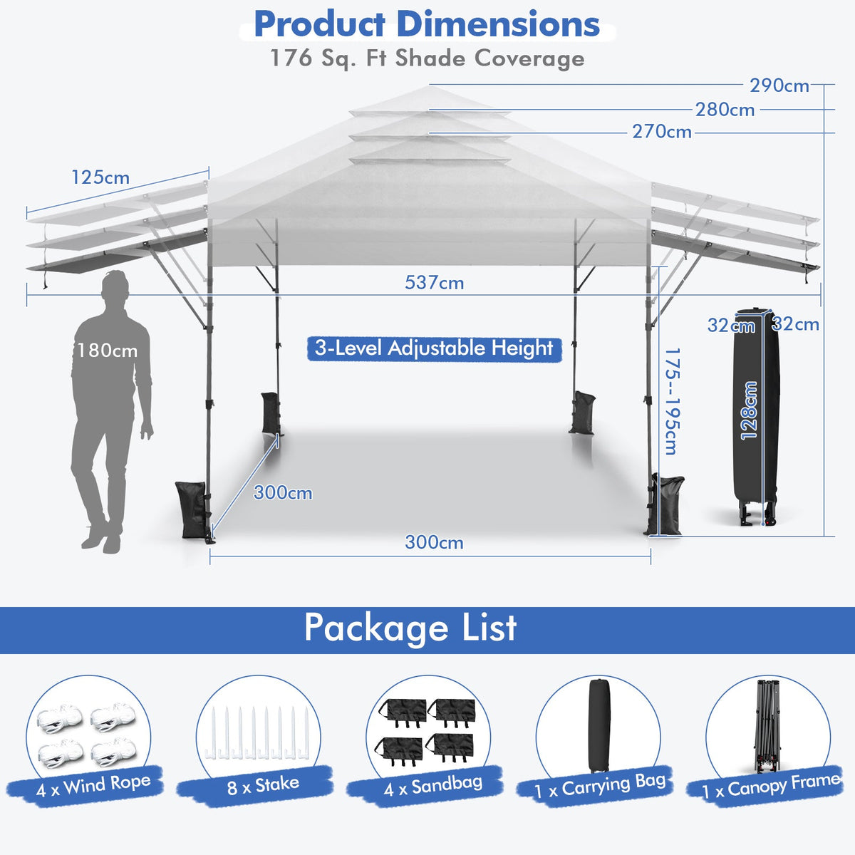 3 x 3m Rolling Pop up Gazebo with Adjustable Dual Awnings and Height-Black