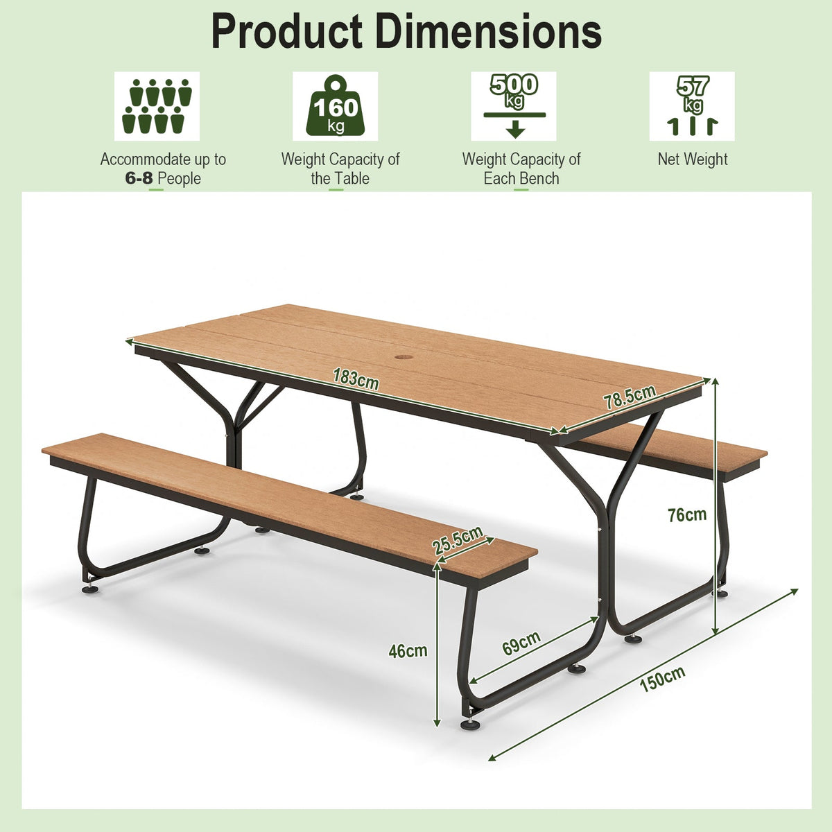Outdoor Picnic Table Bench Set for 6-8 People-Brown