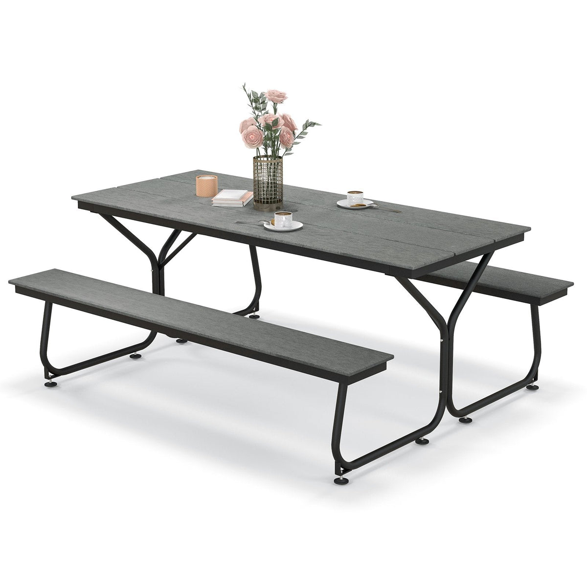 Outdoor Picnic Table Bench Set for 6-8 People-Brown