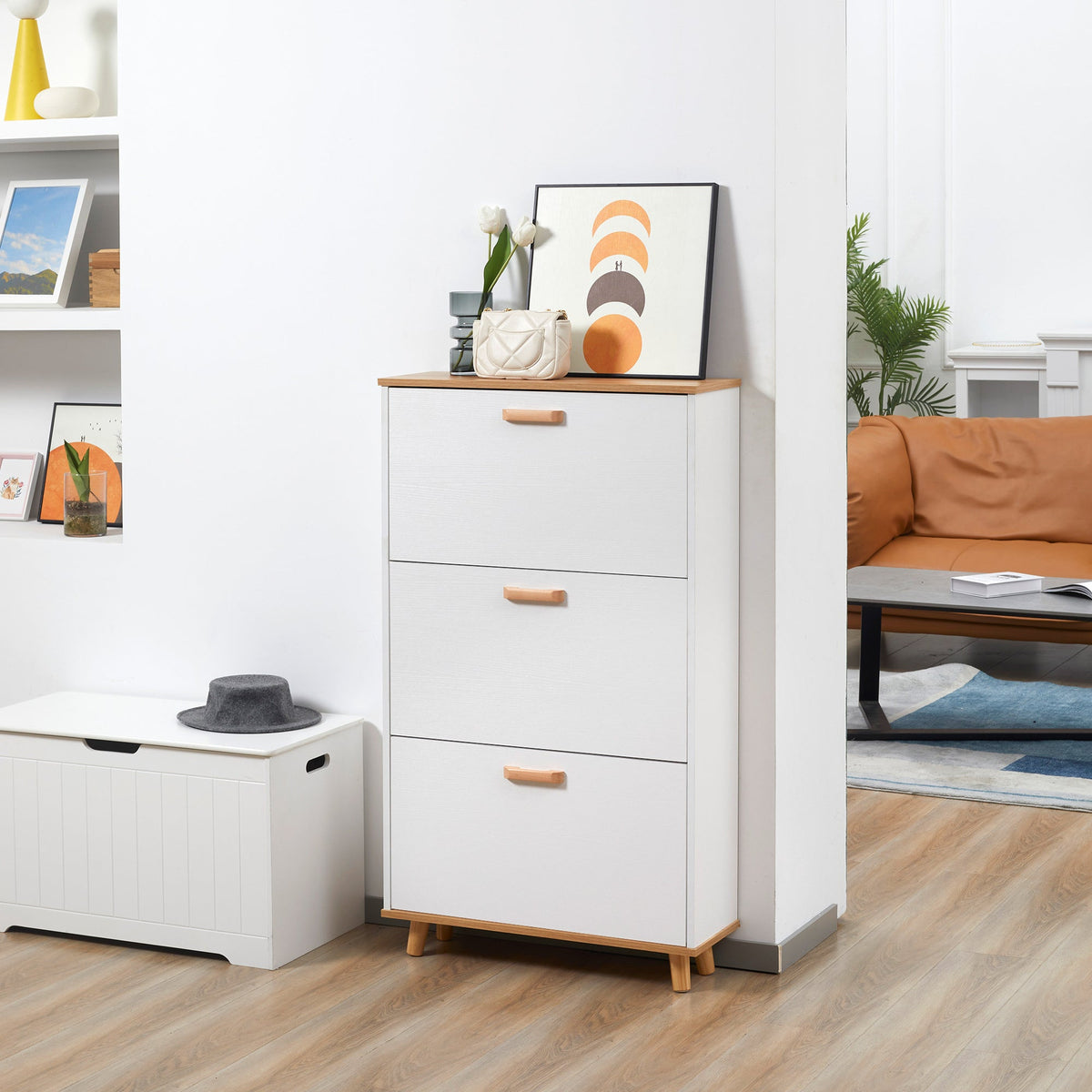 Narrow Shoe Cabinet Storage Rack - 3 Flip Drawers, 12 Pair Shoes Organiser White