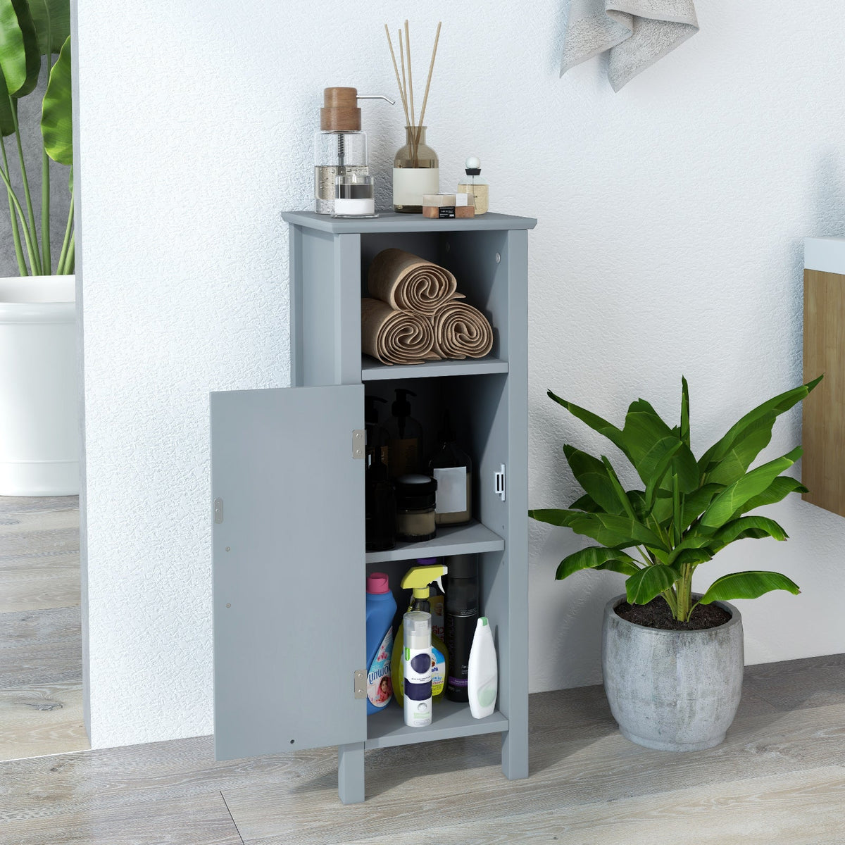 Freestanding Narrow Bathroom Storage Organizer Rack Stand with Door and Adjustable Shelf-Black