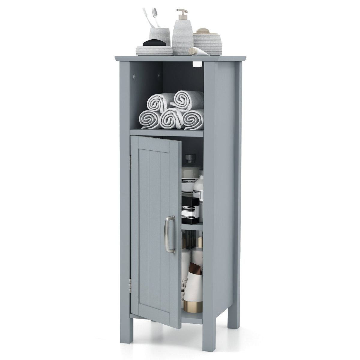 Freestanding Narrow Bathroom Storage Organizer Rack Stand with Door and Adjustable Shelf-Black
