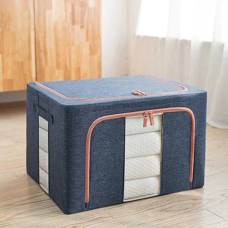 Navy Blue Large Capacity Clothes Storage Box – Foldable with Steel Frame 24L