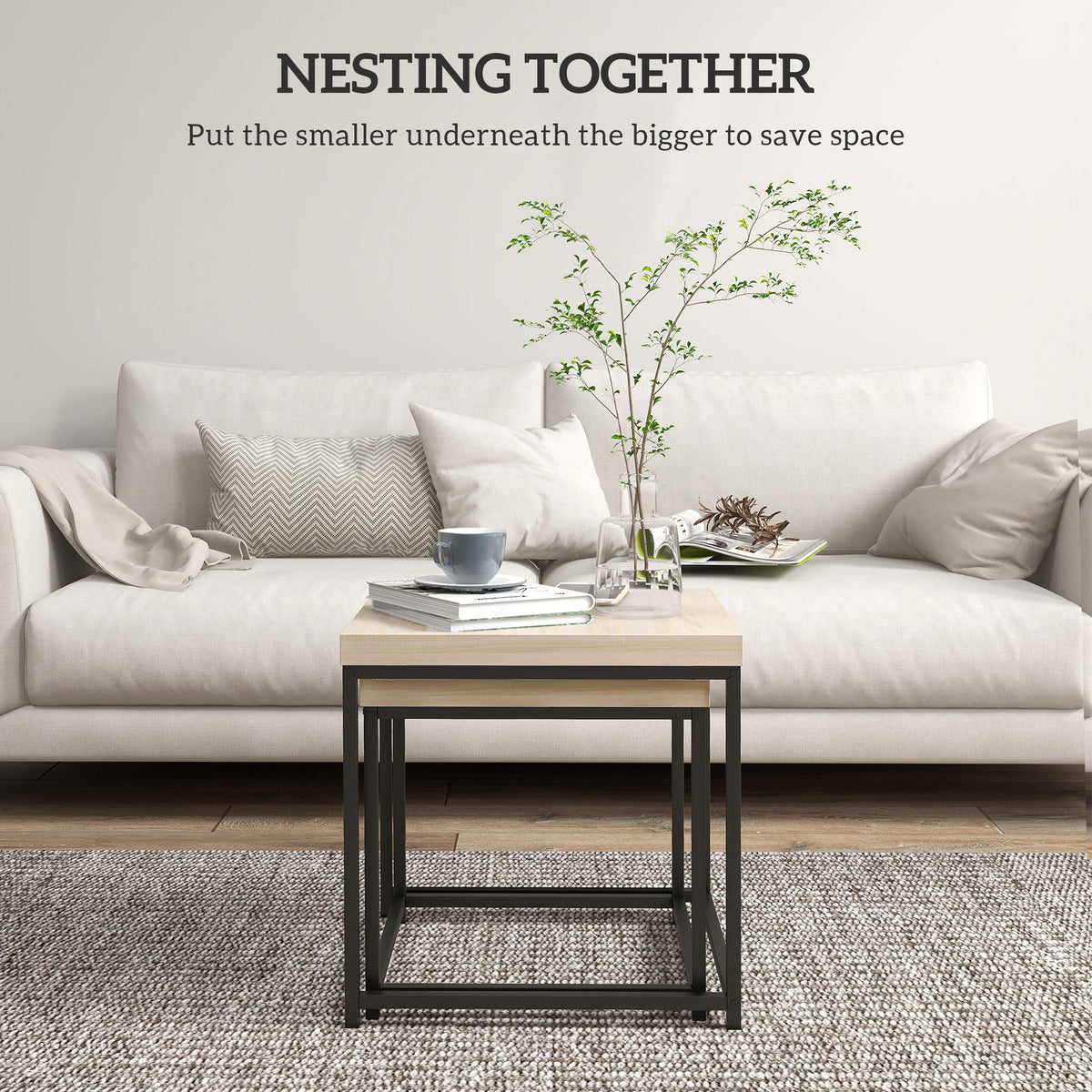 Nest of 2 Coffee Tables Thick Top Beige Black Steel Frame Side Table Set Nesting