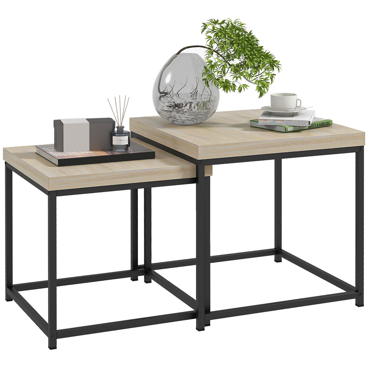 Nest of 2 Coffee Tables Thick Top Beige Black Steel Frame Side Table Set Nesting