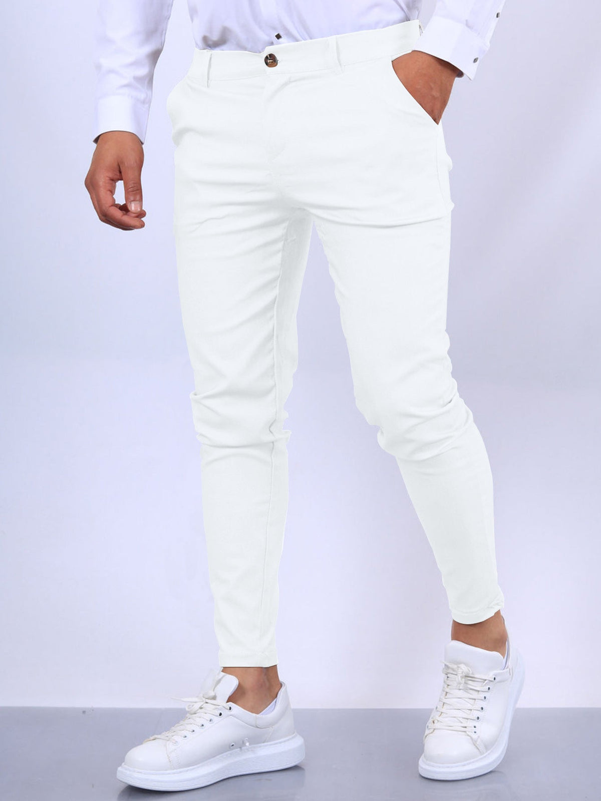 Men's Slim Button Trousers Fashion Solid Office Versatile Long Pencil Pants