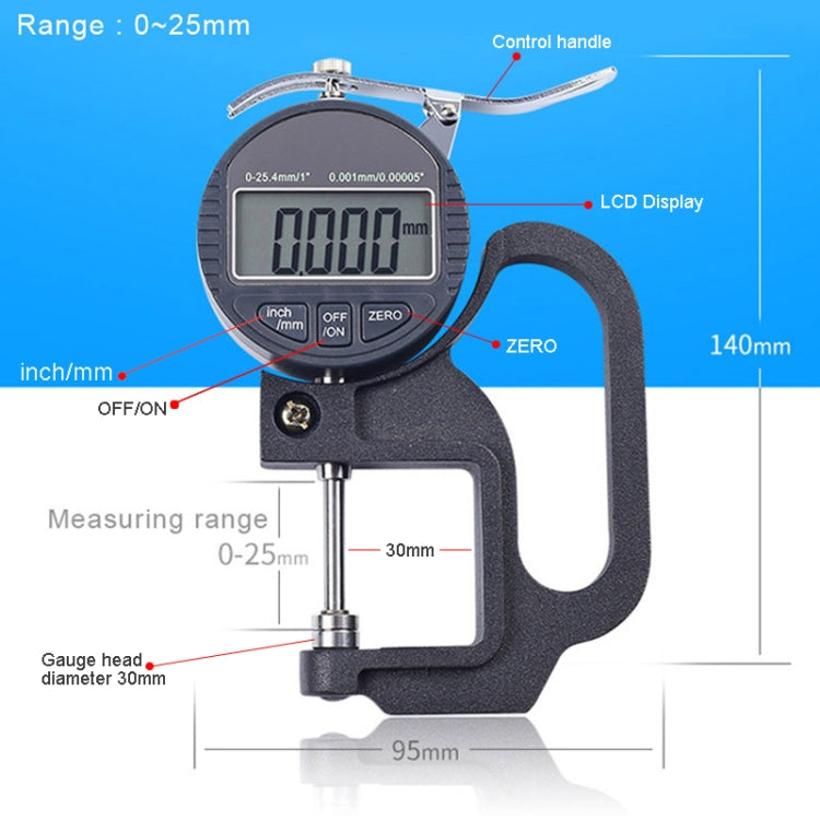 Digital Micrometer Thickness Gauge | 0–25mm Range, 30mm Probe, LCD Display
