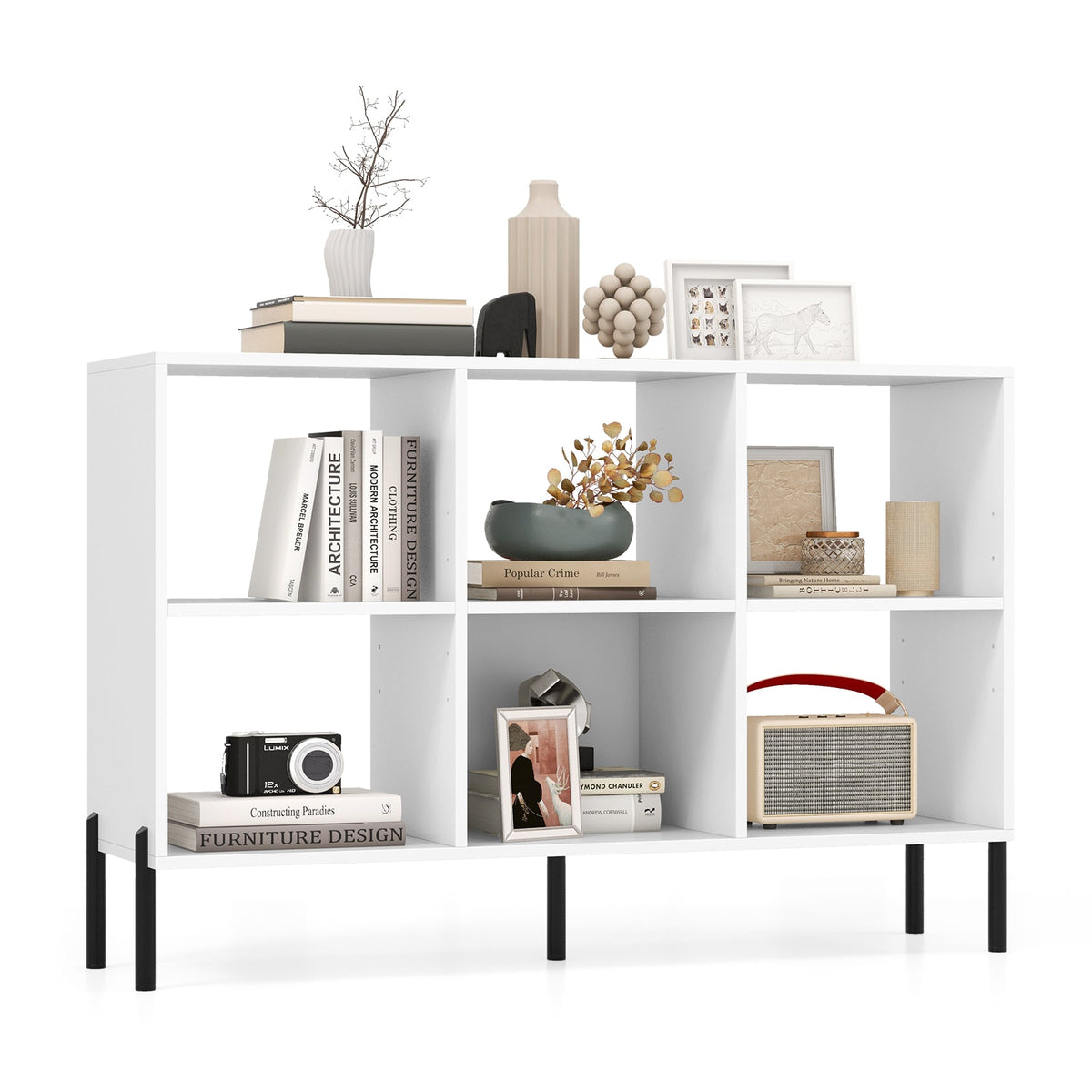 6-Cube Storage Bookcase Wooden Open Bookshelf with 5 Metal Legs-Black