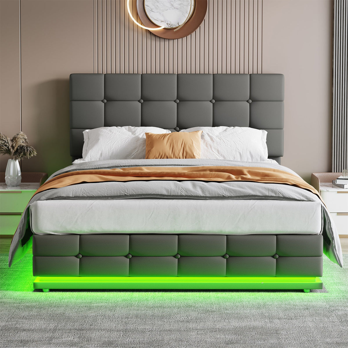 Ottoman Double Bed with LED Lights & Storage Grey PU Leather Frame Smart App