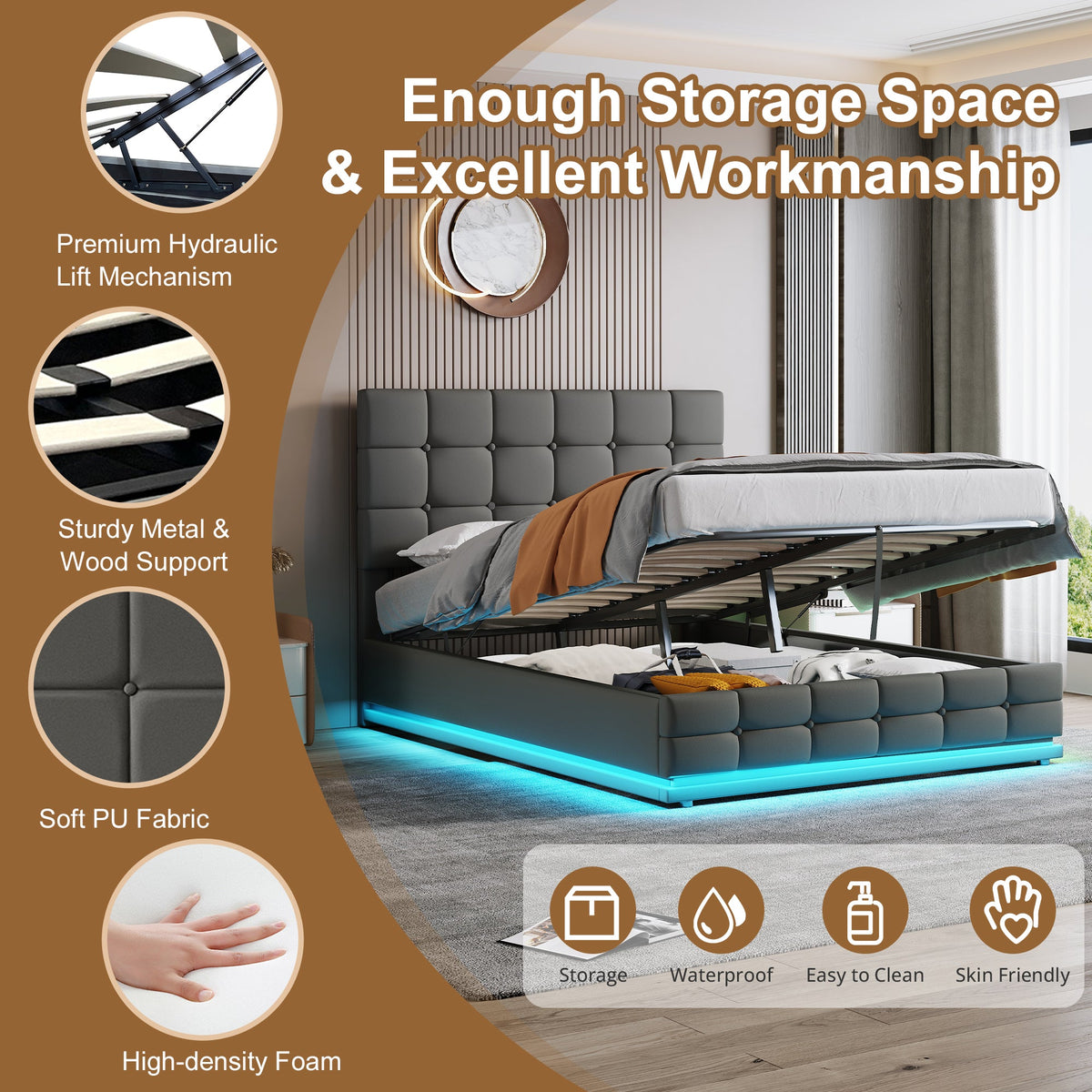Ottoman Double Bed with LED Lights & Storage Grey PU Leather Frame Smart App