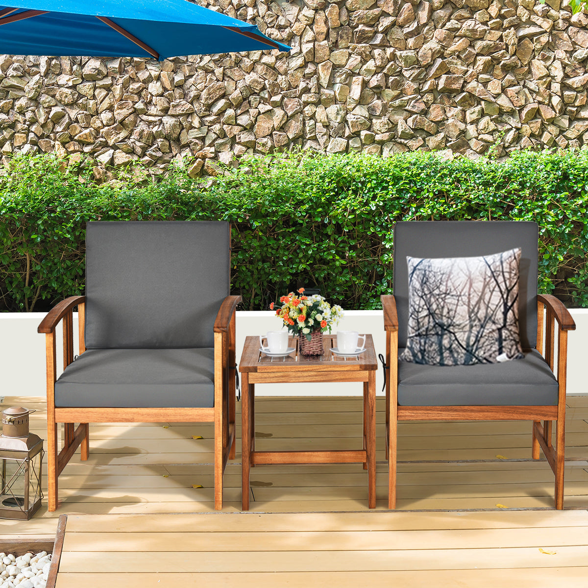 3-Piece Outdoor Acacia Wood Sofa Set with Cushions-Grey