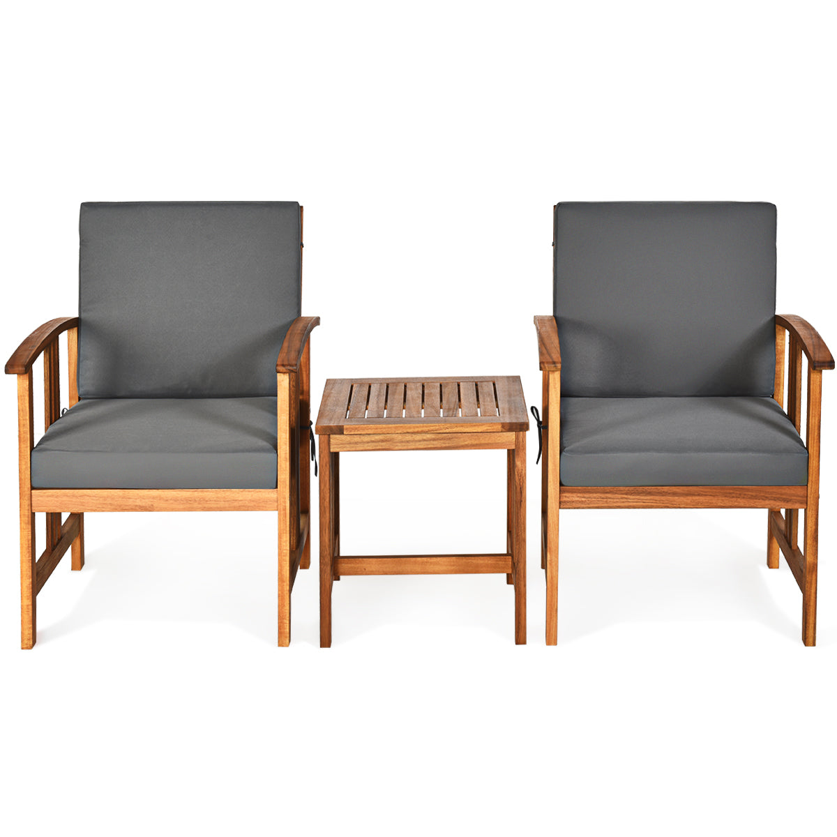 3-Piece Outdoor Acacia Wood Sofa Set with Cushions-Grey
