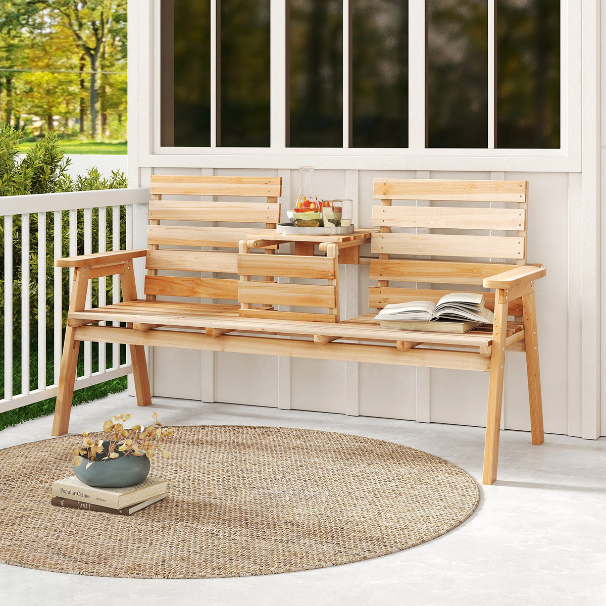 Outdoor Fir Wood Bench with Foldable Middle Table-Coffee
