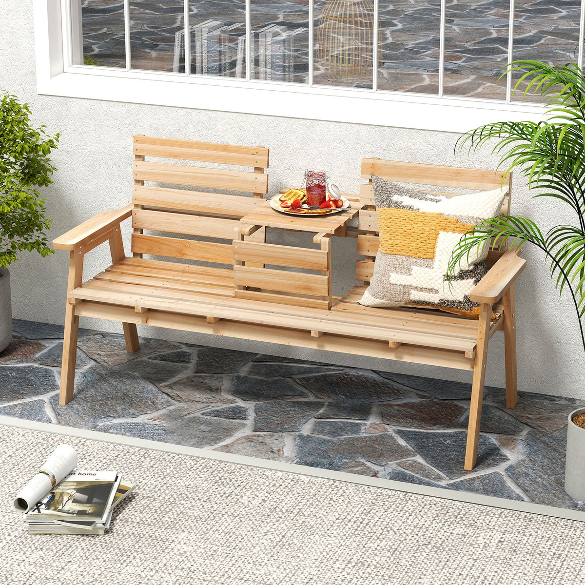 Outdoor Fir Wood Bench with Foldable Middle Table-Coffee