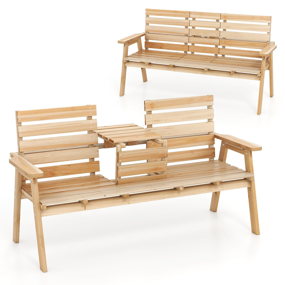 Outdoor Fir Wood Bench with Foldable Middle Table-Coffee