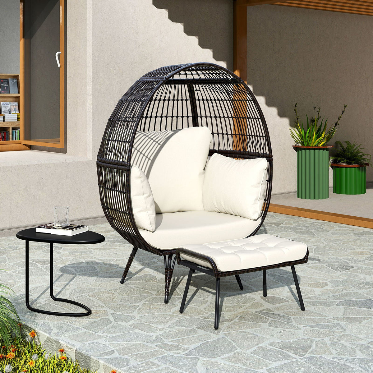 Patio Oversized Egg Chair with Ottoman and Soft Cushions-Off White