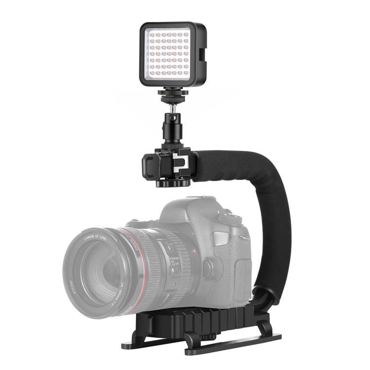 PULUZ U/C-förmiger tragbarer Hand-DV-Halterungsstabilisator + LED-Fülllicht-Kit mit Cold-Shoe-Stativkopf für alle Spiegelreflexkameras und Home-DV-Kameras, C-förmige Halterung + Fülllicht