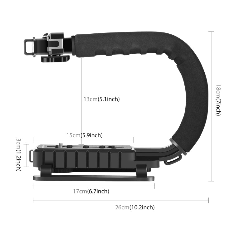 PULUZ U/C-förmiger tragbarer Hand-DV-Halterungsstabilisator + LED-Fülllicht-Kit mit Cold-Shoe-Stativkopf für alle Spiegelreflexkameras und Home-DV-Kameras, C-förmige Halterung + Fülllicht