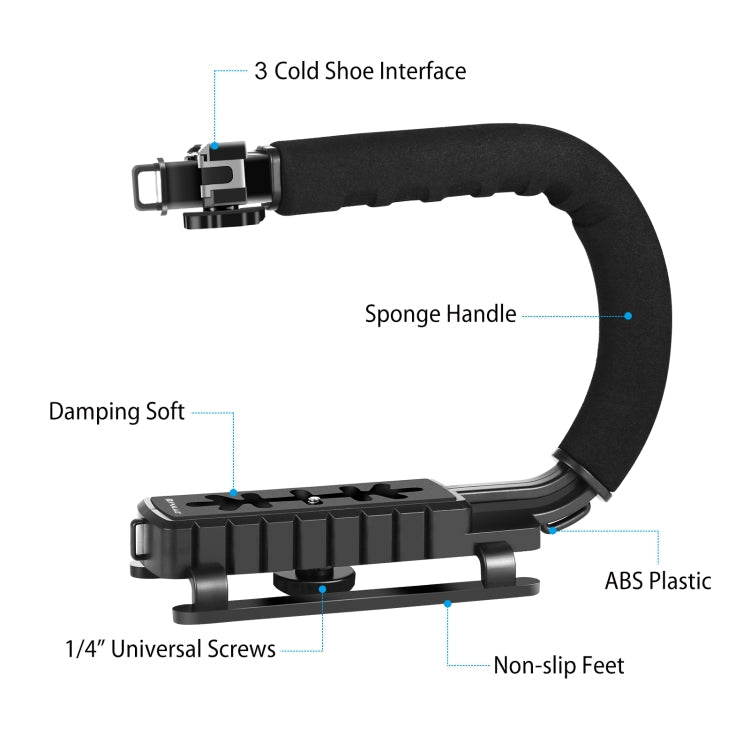 PULUZ U/C-förmiger tragbarer Hand-DV-Halterungsstabilisator + LED-Fülllicht-Kit mit Cold-Shoe-Stativkopf für alle Spiegelreflexkameras und Home-DV-Kameras, C-förmige Halterung + Fülllicht